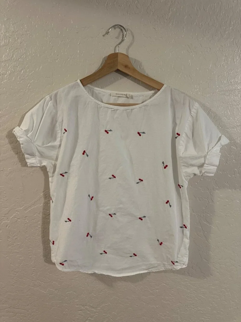 Ellison 100% Cotton Cherry Fruit Summer Short Sleeved White T Shirt
